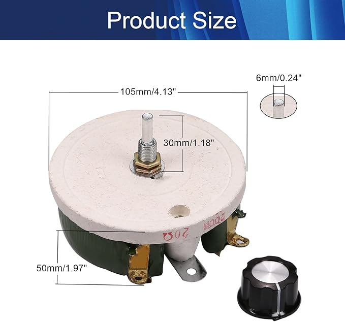 Jutagoss 200W 20 Ohm Rheostat, Wirewound Ceramic Potentiometer, Round Variable Sliding Resistor with Black Knob, Adjustable Resistor 1Pc