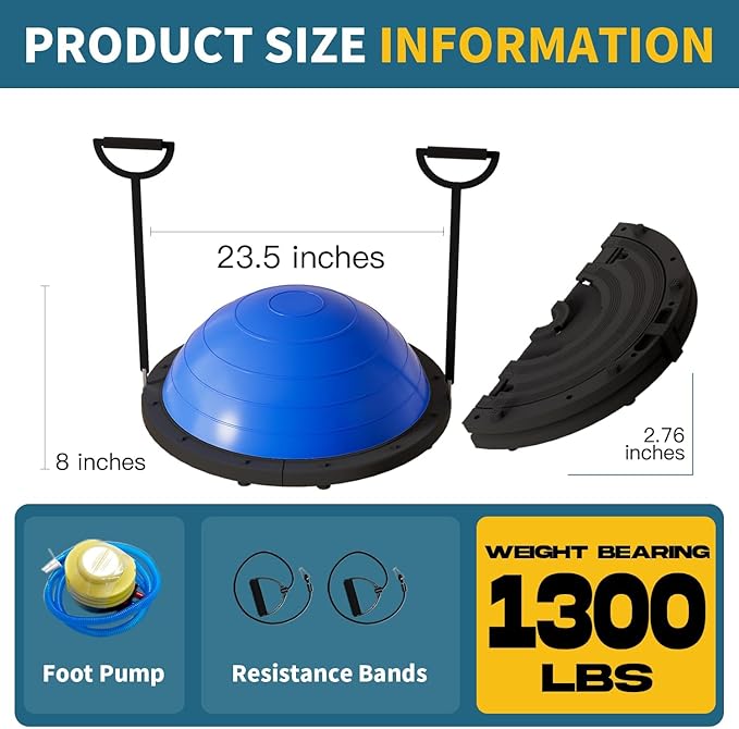 Vtory Foldable Balance Ball, Upgrate Half Ball Balance Trainer, 1300 lbs Capacity Stability Ball, 23.5 Inch Yoga Half Ball, with Resistance Band & Foot Pump, No-slip
