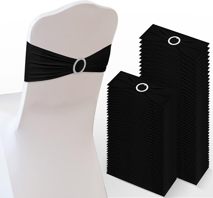 Tudomro 80 Pcs Spandex Chair Sashes, Stretch Ties Bows with Buckle Slider Elastic Bows Chair Cover Bands for Wedding Party Universal Reception Ceremony Banquet Decoration(Black)
