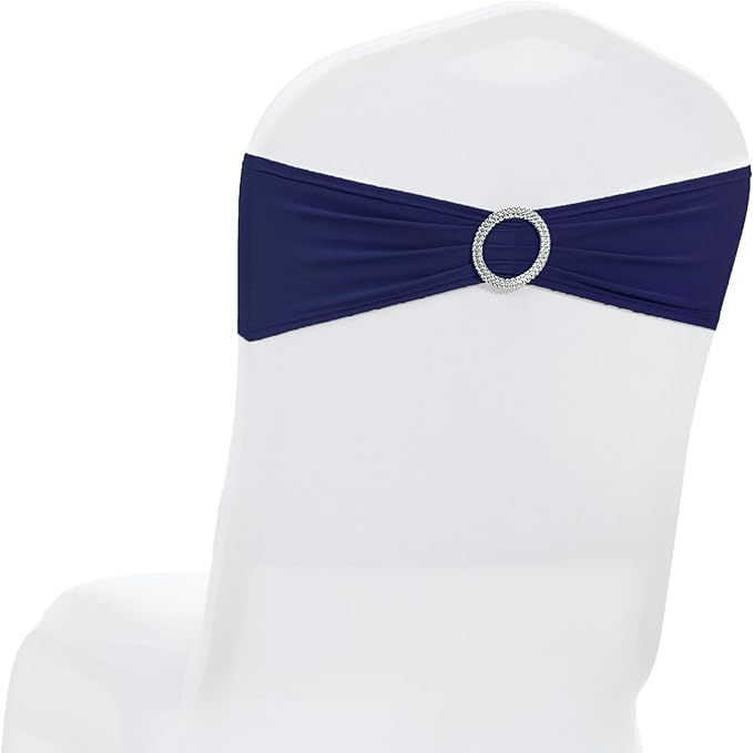 MDS Pack of 100 Spandex Chair Sashes Bow Premium Stretch Chair Cover Band with Buckle Slider Universal fits Elastic Dining Chair Ties for Wedding Party Banquet Events Decoration - Navy Blue