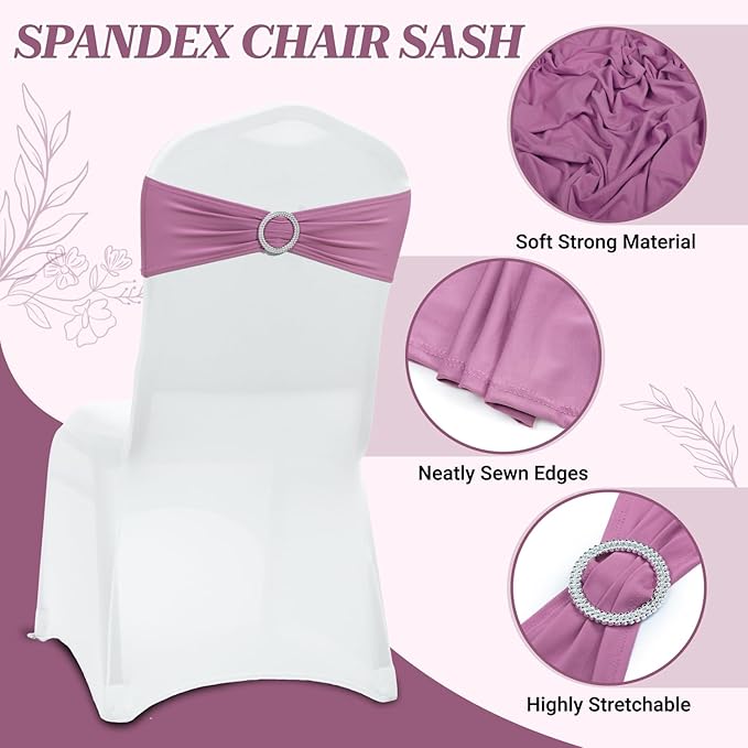 MDS Pack of 25 Spandex Chair Sashes Bow Premium Stretch Chair Cover Band with Buckle Slider Universal fits Elastic Stretch Chair Ties for Wedding Party Banquet Events Decoration - Dusty Pink