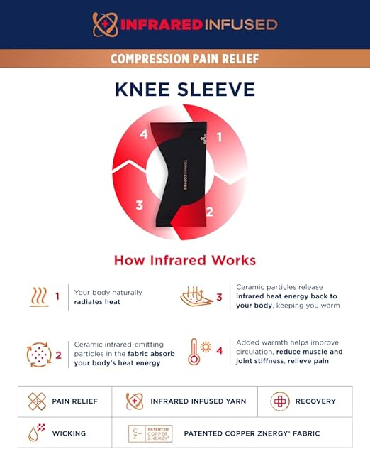 Tommie Copper Core Compression Infrared Knee Sleeve, Unisex, Men & Women, 4D Stretch Infrared Infused, Self-Warming Sleeve for Muscle Support & Stability - Black - Large