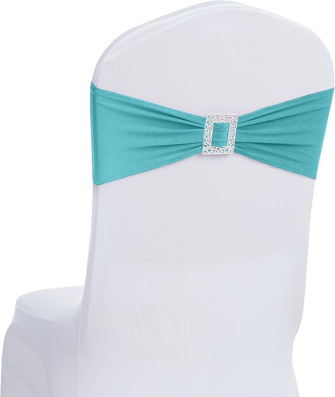 Joccun 60 PCS Spandex Chair Sashes Bows Stretch Chair Cover Band with Buckle Slider Universal Elastic Chair Ties for Wedding Banquet Party Event Decoration (Turquoise)