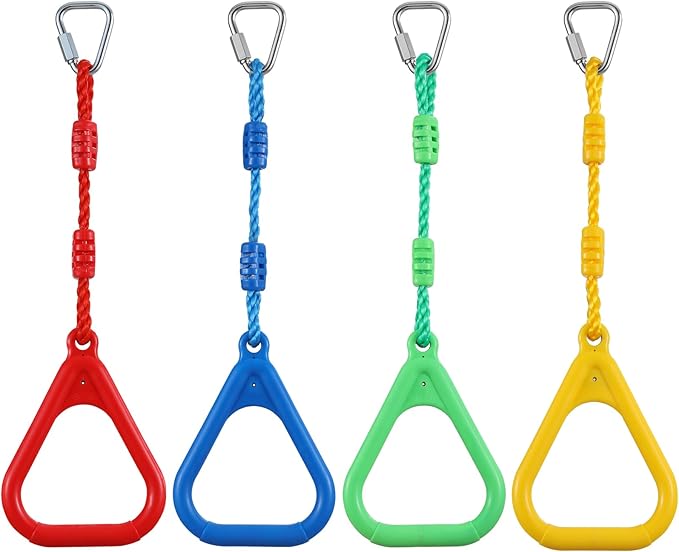PELLOR 4 Colorful Ninja Rings, Gymnastic Rings Trapeze Swing Bar Ring with Triangle Handle for Home Gym Playground Ninja Warrior Obstacle Course Training Workout
