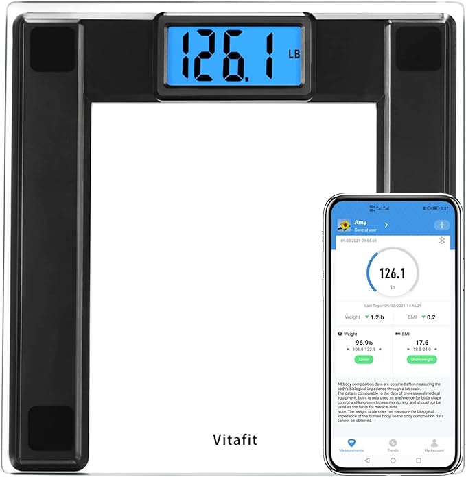 Vitafit 550lb Digital Bathroom Scale for Body Weight and BMI Via Smart APP, High Accuracy Assured by Weighing Professional Since 2001, 8mm Tempered Glass, Extra Large Blue Backlit LCD, Black