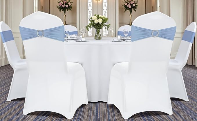 MDS Pack of 10 Spandex Chair Sashes Bow Premium Stretch Chair Cover Band with Buckle Slider Universal fits Elastic Dining Chair Ties for Wedding Party Banquet Events Decoration - Baby Blue