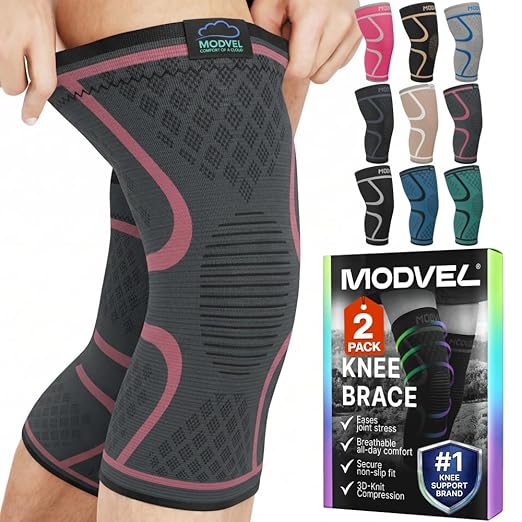 Modvel 2 Pack Knee Brace for Women & Men - Knee Support for Walking, Knee Compression Sleeves for Pain Relief, Knee Sleeves for Women, Knee Sleeves for Men, Knee Brace for Sports, Workouts & Arthritis