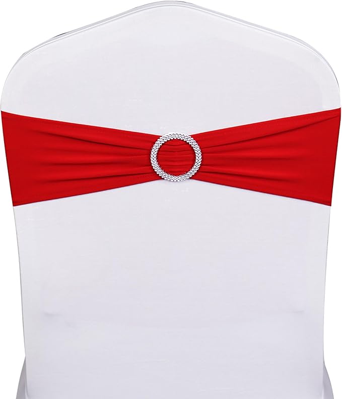 Pack of 50 Spandex Red Chair Sashes for Wedding Chair Bows Sashes Bands Buckles Fitting Birthday Party Anniversary Events Ceremony Bridal Baby Shower Decorations
