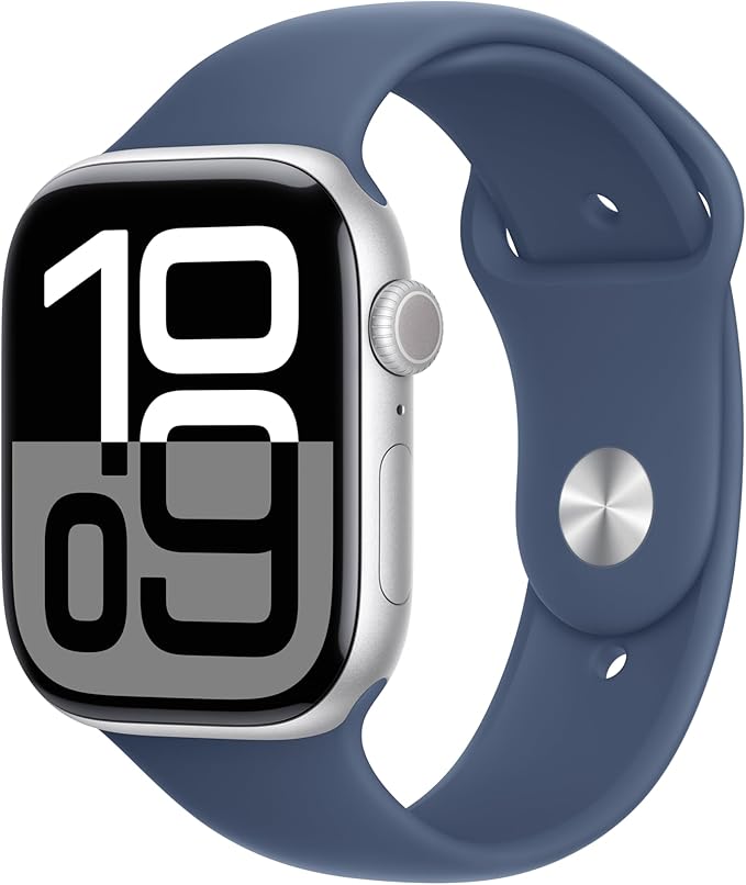 Apple Watch Series 10 [GPS 46mm case] Smartwatch with Silver Aluminum Case with Denim Sport Band - M/L. Fitness Tracker, ECG App, Always-On Retina Display, Water Resistant
