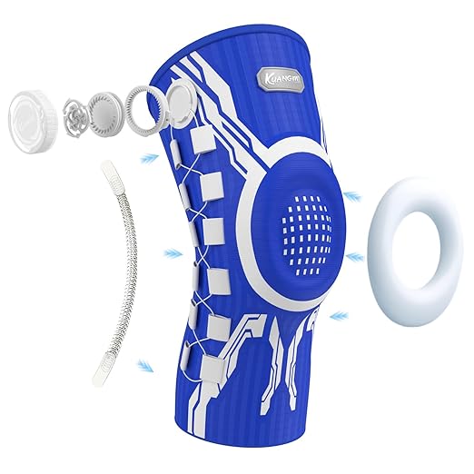 Kuangmi Knob Knee Brace for Pain Relief, Knee Support with Patella Gel Pad & Side Stabilizers, Compression Knee Sleeve for Workout, Arthritis, Joint Pain, Meniscus Tear (Blue White,Right,XX-Large,Single)
