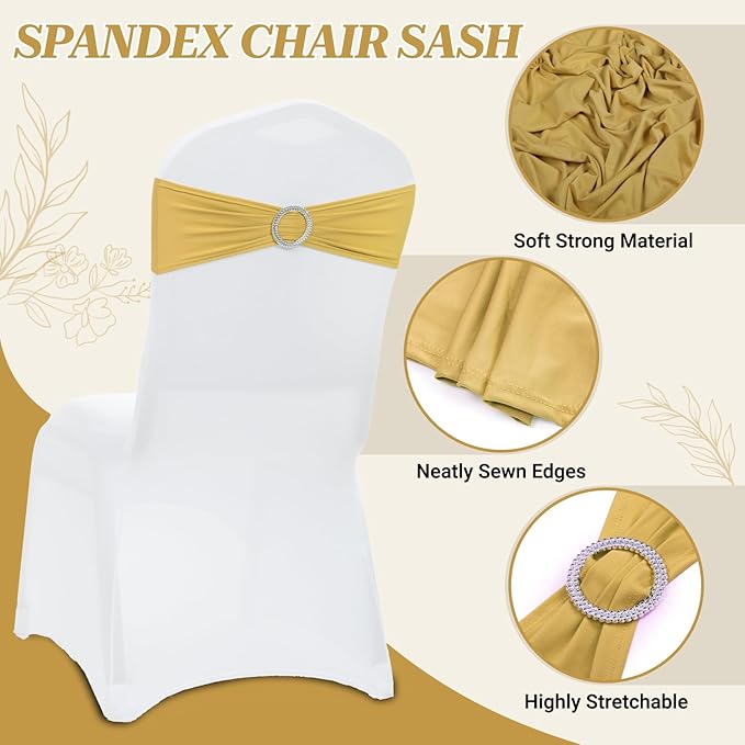 MDS-MEGADECORSUPPLY Chair Sashes, Pack of 100 Gold, Spandex, Stretch Chair Cover Bands with Buckle Slider for Wedding and Events Decoration