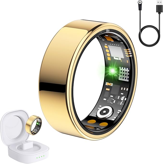 SEEVEN Smart Ring for Women Men, Fit Ring with Heart Rate, Blood Oxygen, HRV, Sleep Monitor, Stress, Step Counter, IP68 Waterproof Fitness Rings for iPhone & Android, No Subscription Fee (Gold, 7#)