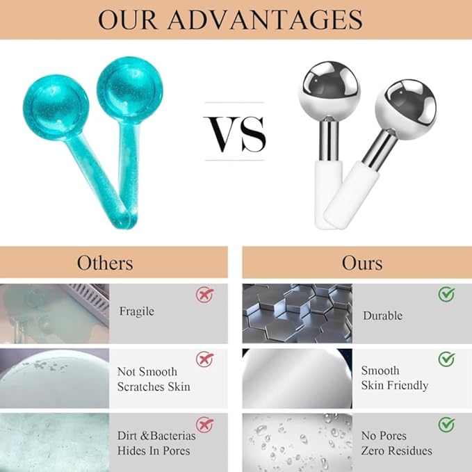 Ice Globes Stainless Steel Beauty Facial Massagers for Face & Eyes, Premium Unbreakable Stainless Steel Cryo Sticks for Beauty Routines, Facials Cold Rollers Cooling Globes(Silver,2Pack)