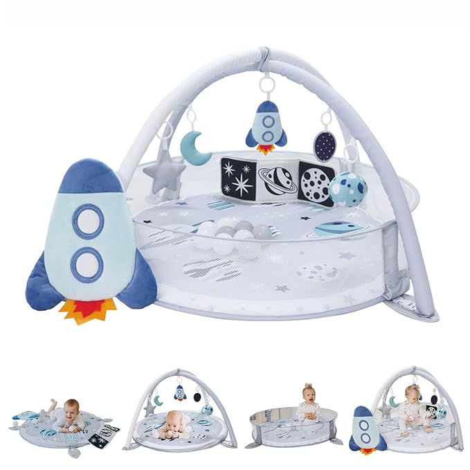 Aila+Aiden 6-in-1 XL Play Mat & Play Gym, Baby Gym, Baby Activity Gym, Sensory Exploration and Motor Skill Development Toys (Space Gray)