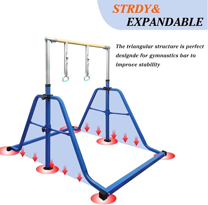 Foldable & Moveable Gymnastics Horizontal Bar with Rings,3’to 5’Adjustable Height Expandable Junior Kip Bar for Home,Indoor Gym Equipment for Kids