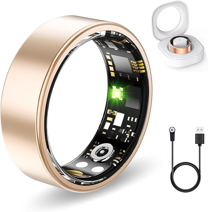 FKGZJF Smart Rings for Women Men, Fitness Ring with Heart Rate, Blood Oxygen, HRV, Stress, Sleep Tracker, Step Tracker, No Subscription Fee, lP68 Waterproof Smart Ring for iPhone & Android (Gold 11#)