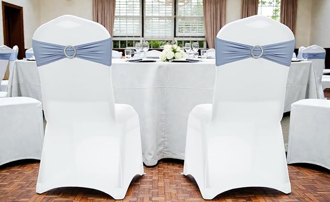 VDS - Dusty Blue | Spandex Chair Sashes Bows | 75 PCS | Stretch Elastic Banquet Universal Folding Chair Band Tie with Silver Buckle Slider for Wedding Party Conference Celebration Event Decoration