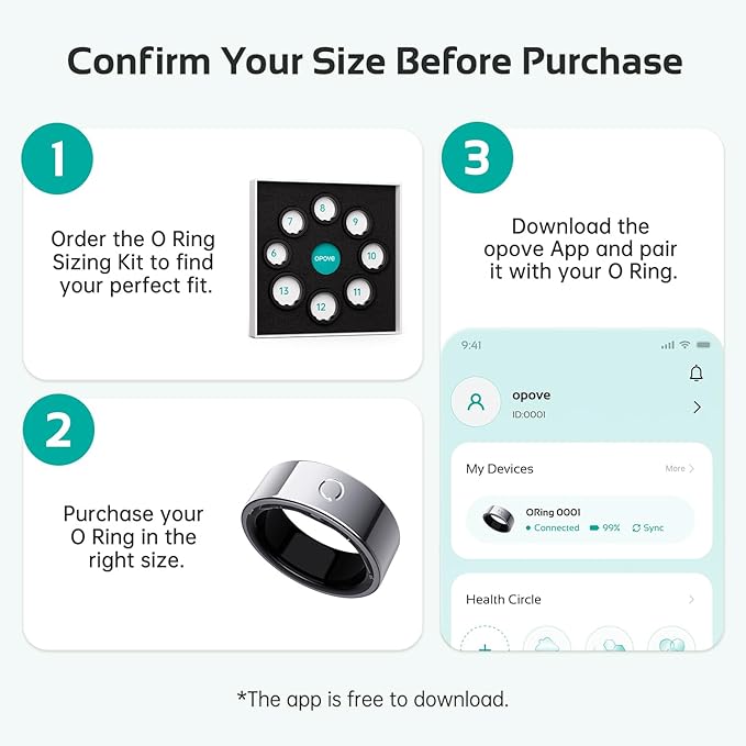 opove O Ring Smart Ring, Fitness Trackers Rings with Sleep/Stress/Heart Rate/Women's Health Monitoring, Comfortable Wearing, Up to 7 Days Using, Fitness Ring for Android & iOS, Silver-Size9