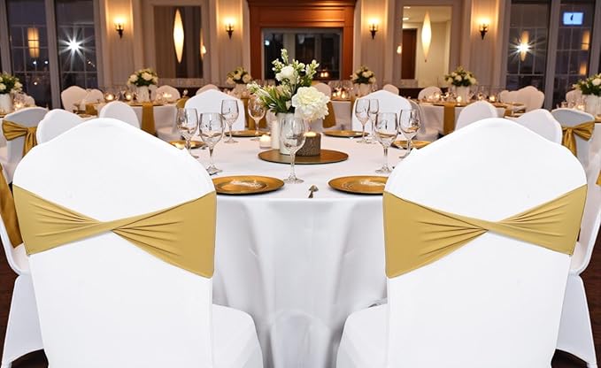 MDS Pack of 75 Spandex Chair Sashes Bows Elastic Stretch Dining Chair Bands Ties Without Slider Buckle Universal fits for Wedding Baby Shower Birthday Party Banquet Event Decoration - Gold