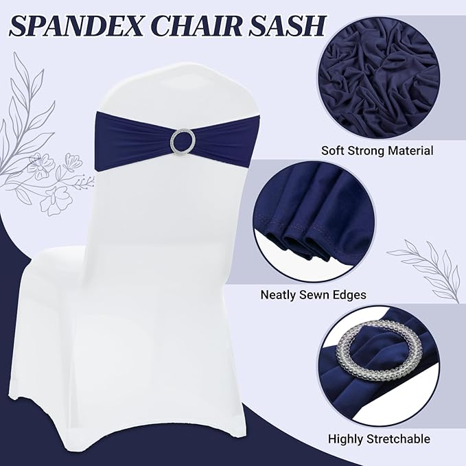MDS Pack of 10 Spandex Chair Sashes Bow Premium Stretch Chair Cover Band with Buckle Slider Universal fits Elastic Dining Chair Ties for Wedding Party Banquet Events Decoration - Navy Blue