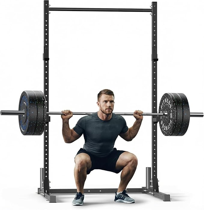 papababe Squat Rack with Pull Up Bar for Home Gym, Adjustable Power Cage with J-Hooks, 800LB Capacity Multi-Functional Bench Press Power Rack for 6FT, 7FT Barbell, Weight Lifting Rack