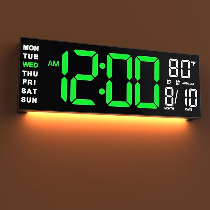 JALL 16" Large Digital Wall Mount Clock, Count Down Timer, Alarm, Big LED, RGB Color, DST, Temperature for Living Room Classroom Desk, Xmas, Birthday Gift, for Senior Mom Dad (Green White, 16 inches)