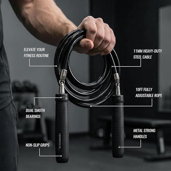 Weighted Jump Rope 1LB for Men & Women - Heavy Duty 11mm Steel Cable, Metal Handles with Smooth Spin, Comfortable Grips & Adjustable Length | Perfect for Muay Thai, MMA & High-Intensity Fitness Workouts