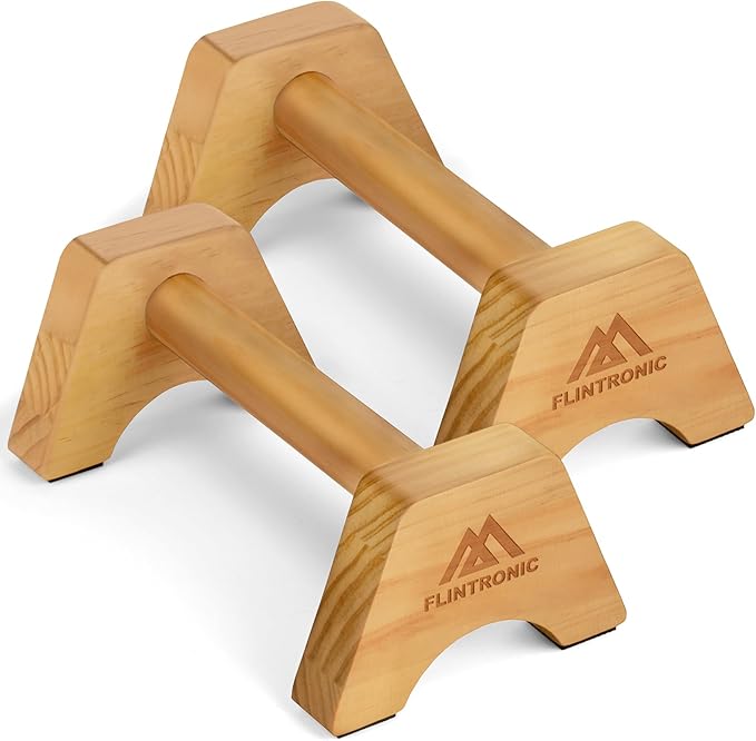flintronic Wooden Parallettes, Fitness Push Up Bars, Solid Wood Parallettes Bars with Non-Slip Mat, Handstand Bar Push Up, Wrist Straps, for Home Workout Equipment for Strength Training, Gymnastics