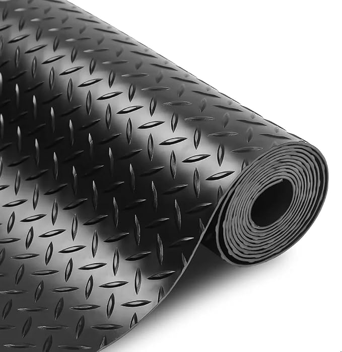 3mm Diamond-Plate Rubber Flooring Roll - Easy to Cut Waterproof Anti-Slip Mat, Heavy Duty Floor Protection for Garage, Gym, Stable, Basement, Kennel, 4' x 14'