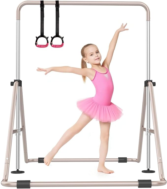 SHIWEI Gymnastics Bar for Kids, Foldable Gymnastic Bar with 5 Adjustable Height, Expandable Training Equipment for Indoor/Outdoor