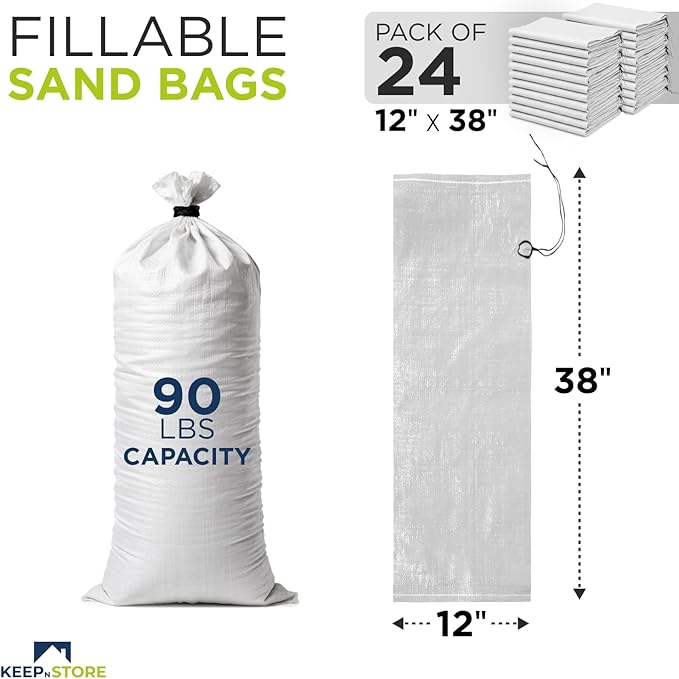 Heavy Duty Sand Bags Pack of 24, White Empty Sandbags with Built-In Ties, Woven Polypropylene UV Protection 1600 Hours, Fillable Bags for Flood Control, Weight, 38x18 inches, 90 Pounds Volume