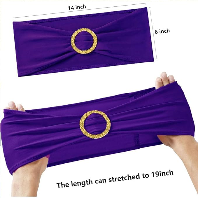 Purple Chair Sashes 50 Pack with Gold Buckle Slider, Spandex Chair Bows Bands for Folding Chairs Wedding Party Birthday Décor