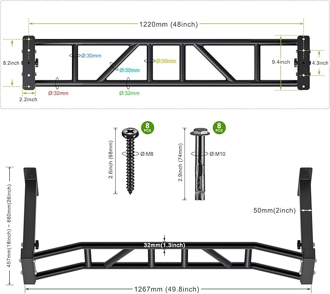 Kipika 48" Ceiling Mounted Pull Up Bar, Heavy Duty Multi-Grip Chin Up Bar,Mounted Pullup Bar, Adjustable Height, Pull Up Bands for Chin Ups & Body Stretching, Ideal for Home Gym and Strength Training