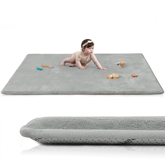 Huloo Sleep Baby Play Mat for Floor,1.3" Thick Elasti-Foam 50"×74" Playpen Mat for Tummy Time,Water Repellent Soft Coral Velvet for Toddler,Infant,Kids,Non-Slip Backing Safe for Crawling(Light Grey)