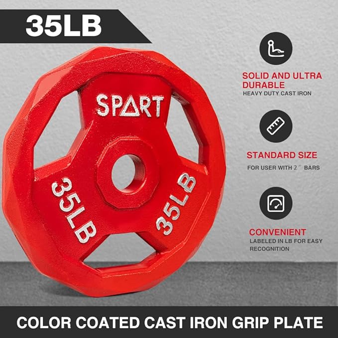 SPART Color Coded Weight Plate 2-Inch Cast Iron Tri-Grip Plate for Barbell,Solid Cast Iron Olympic Weight Plates for Strength Training, Weightlifting, Crossfit, 2.5/5/10/15/25/35/45LB, Single/Pair/Set