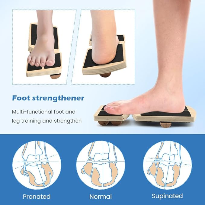 Ankle Balance Board Foot Strengthener, Adjustable Wobble Board with 12 Balls & Balance Rods,18°/24°/30° Tilt Levels, 300lbs Max Capacity, Non-Slip Wooden Trainer for Ankle & Core Stability Training