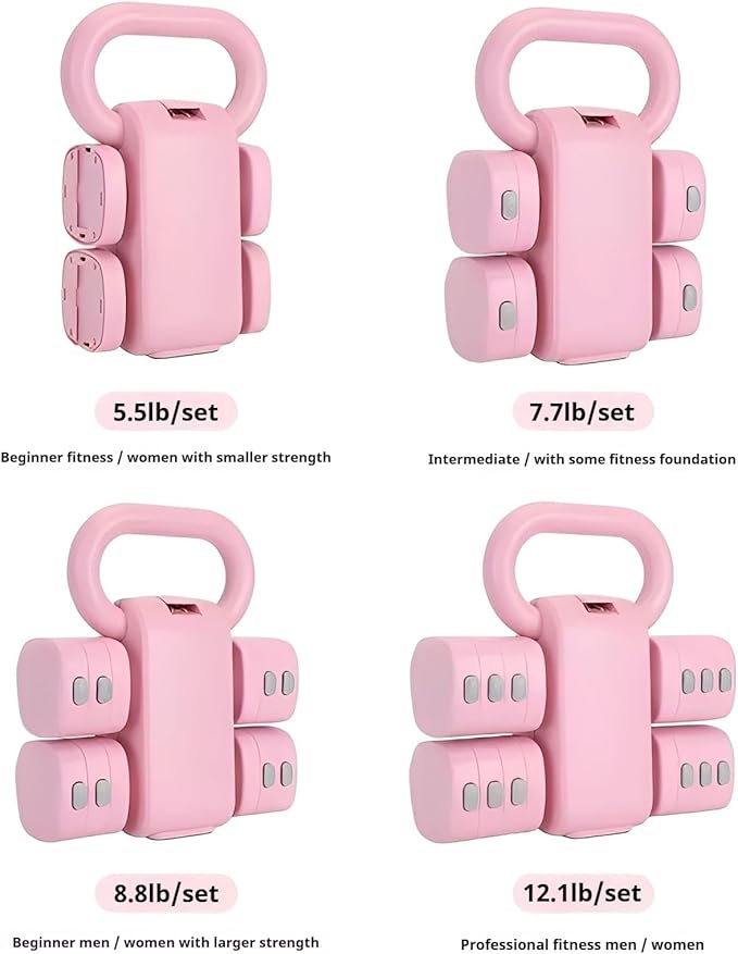Adjustable Dumbbell Set of 2, 4 in 1 Free Weights for Women with Fast Adjustment, Home Gym & Outdoor Exercise Training, Includes 2.2lb 3.3lb 4.4lb 5.5lb Hand Weights, Compatible with Kettlebells