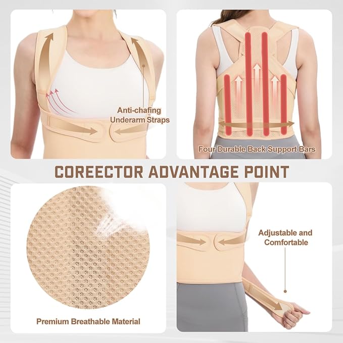 Back Brace Posture Corrector for Women & Men, Adjustable Shoulder Straightener with Full Back Support, Relief for Lower & Upper Back Pain, Hunchback & Scoliosis (Beige, Medium)