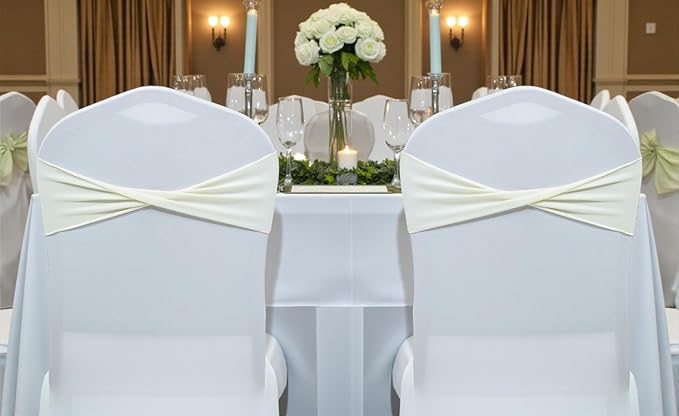 MDS Pack of 75 Spandex Chair Sashes Bows Elastic Stretch Dining Chair Bands Ties Without Slider Buckle Universal fits for Wedding Baby Shower Birthday Party Banquet Event Decoration - Ivory