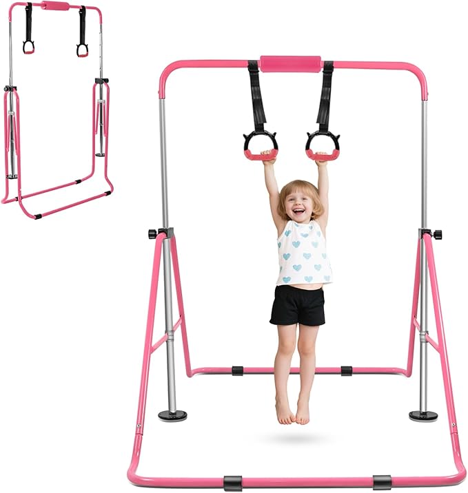 YEEGO DIRECT Gymnastics Bar for Kids with Rings, Folding Gymnastics Bars Horizontal Bar for Kids Ages 3-10, Expandable for Home Training Kids Gifts for Girls Boys