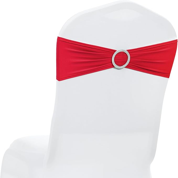 MDS Pack of 25 Spandex Chair Sashes Bow Premium Stretch Chair Cover Band with Buckle Slider Universal fits Elastic Stretch Chair Ties for Wedding Party Banquet Events Decoration - Red