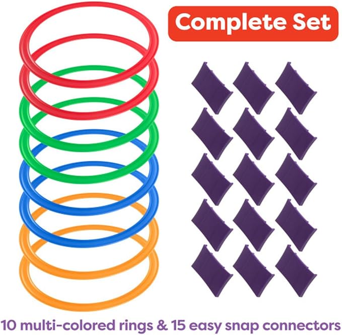 HEY! PLAY! Hopscotch Rings Game - Ten 11-Inch Plastic Rings and 15 Connectors for Indoor and Outdoor Use - Play Set for Girls and Boys (Multicolored)