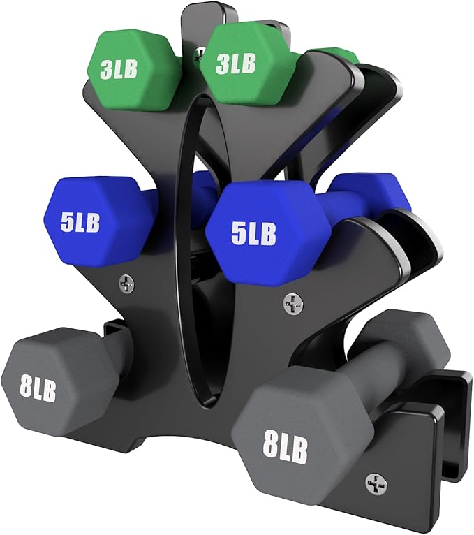 Portzon Weights Dumbbells Set 3, 5, 8, and 10 Pound Neoprene Dumbbell Free Hand Weight Set with Rack, Ideal for Home Exercises, 32 LB, Anti-Slip, Anti-roll, Hex Shape