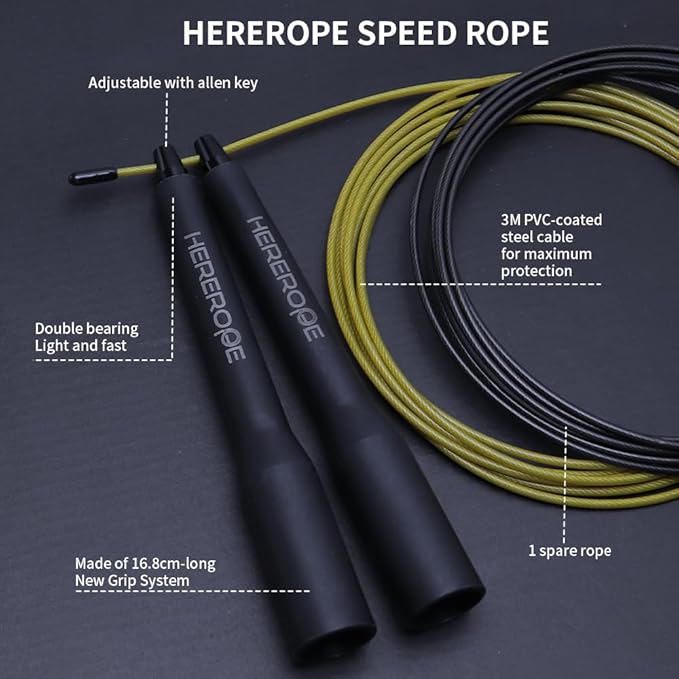 Speed Jump Rope for Men Women, Hererope Speed Rope With Dual Bearing System, 2 Cables, Adjustable Jump Rope for Boxing, CrossFit, HIIT & Strength TrainingDouble Unders, Fitness Workouts Training