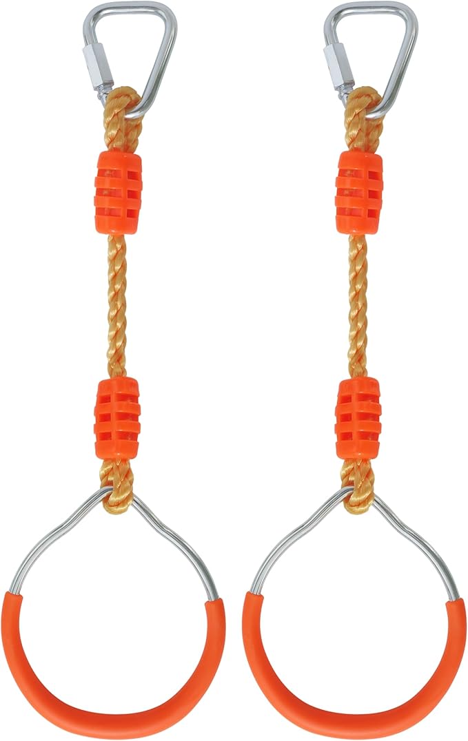 Fitness Gymnastic Ring Swing Monkey Bar Fists Trapeze Obstacle Course For Backyard Outdoor Indoor Jungle Home Gym, 2 Pack Orange Hang Ninja Rope Rings Warrior Accessories Playground Training Equipment