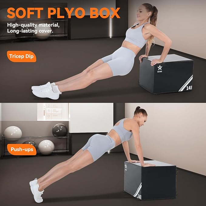 SEWD 3-in-1 Foam Plyometric Box, High Density Exercise Platform, 14-inch Multi-Functional Workout Box with Resistance Bands, Exercise Handle and Ankle Strap.