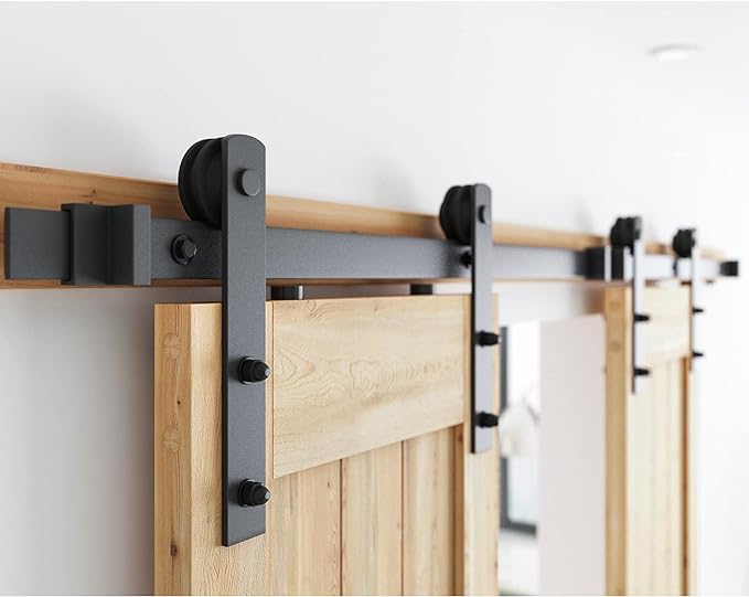 SMARTSTANDARD 7FT Heavy Duty Double Door Sliding Barn Door Hardware Kit,Smoothly and Quietly-Easy to Install-Includes Step-by-Step Installation Instruction Fit 21" Wide Door Panel