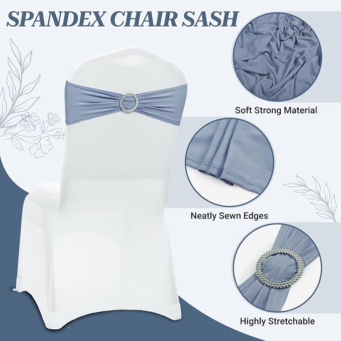 MDS Pack of 10 Spandex Chair Sashes Bow Premium Stretch Chair Cover Band with Buckle Slider Universal fits Elastic Dining Chair Ties for Wedding Party Banquet Events Decoration - Dusty Blue