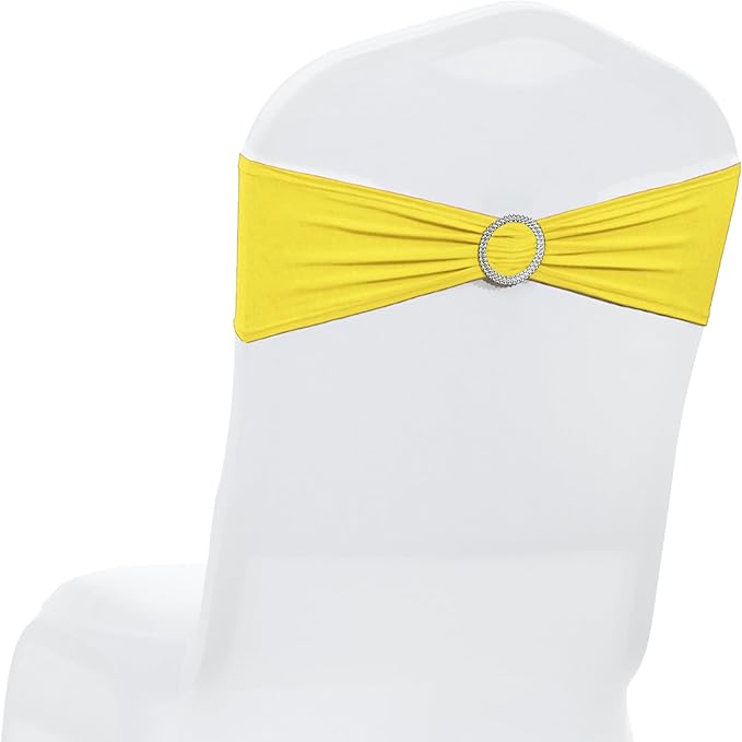 MDS Pack of 50 Spandex Chair Sashes Bow Premium Stretch Chair Cover Band with Buckle Slider Universal fits Elastic Dining Chair Ties for Wedding Party Banquet Events Decoration - Yellow