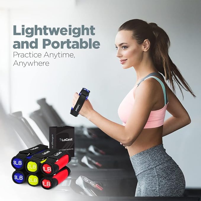 Logest Soft Hand Weights - Adjustable Neoprene Dumbbells (1LB, 2LB, 3LB, 4LB) - Red, Yellow, Blue, Purple - Velcro Straps - Weight Training, Walking, Jogging, Aerobics, Yoga